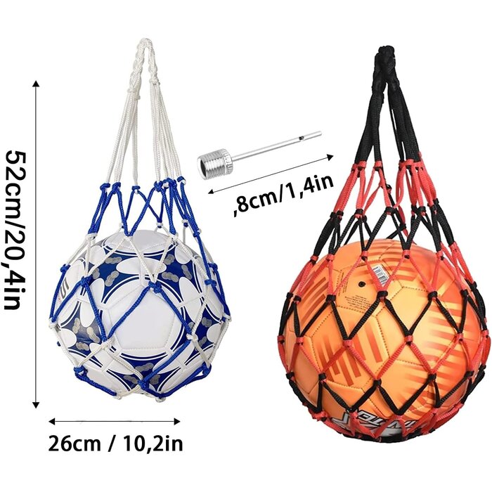 2x Ballnetz | Tragbar & Faltbar | Netzbeutel für Sportbälle | 52x26cm | Polyester | Blau/Schwarz & Weiß/Rot