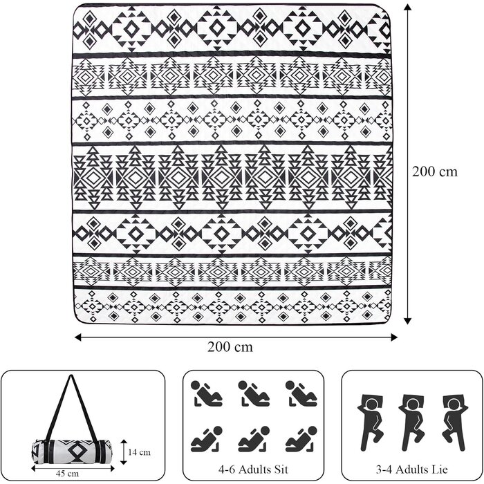 Wasserdichte Picknickdecke, 200x200cm, Strandmatte, faltbar, tragbar, für Park & Outdoor (Schwarz-Weiß)
