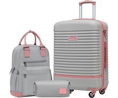 COOLIFE ABS Hartschalen-Koffer-Set mit Rollen, TSA-Schloss, Rucksack & Kulturtasche, Medium 3-teilig, Grau/Pink, Klassisch