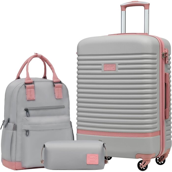 COOLIFE ABS Hartschalen-Koffer-Set mit Rollen, TSA-Schloss, Rucksack & Kulturtasche, Medium 3-teilig, Grau/Pink, Klassisch