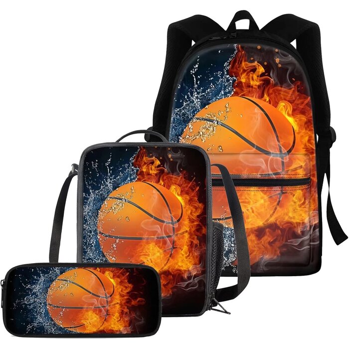 Kinder Rucksack Set 3-teilig: Rucksack, Brotdose, Federmäppchen - Sport Basketball Design - Polyester