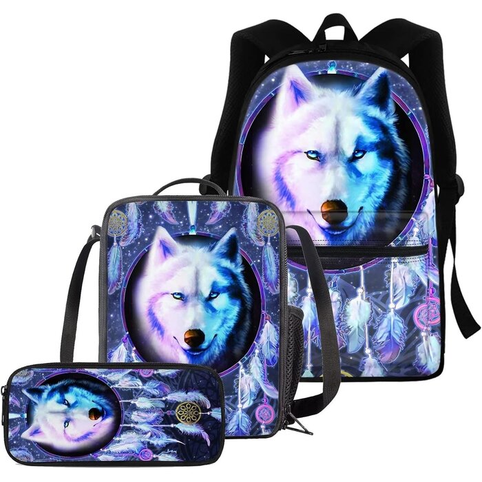 Kinder Rucksack Set 3-teilig: Rucksack, Brotdose, Federmäppchen - Sport Basketball Design - Polyester