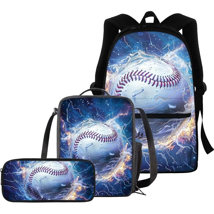 Kinder Rucksack Set 3-teilig: Rucksack, Brotdose, Federmäppchen - Sport Basketball Design - Polyester