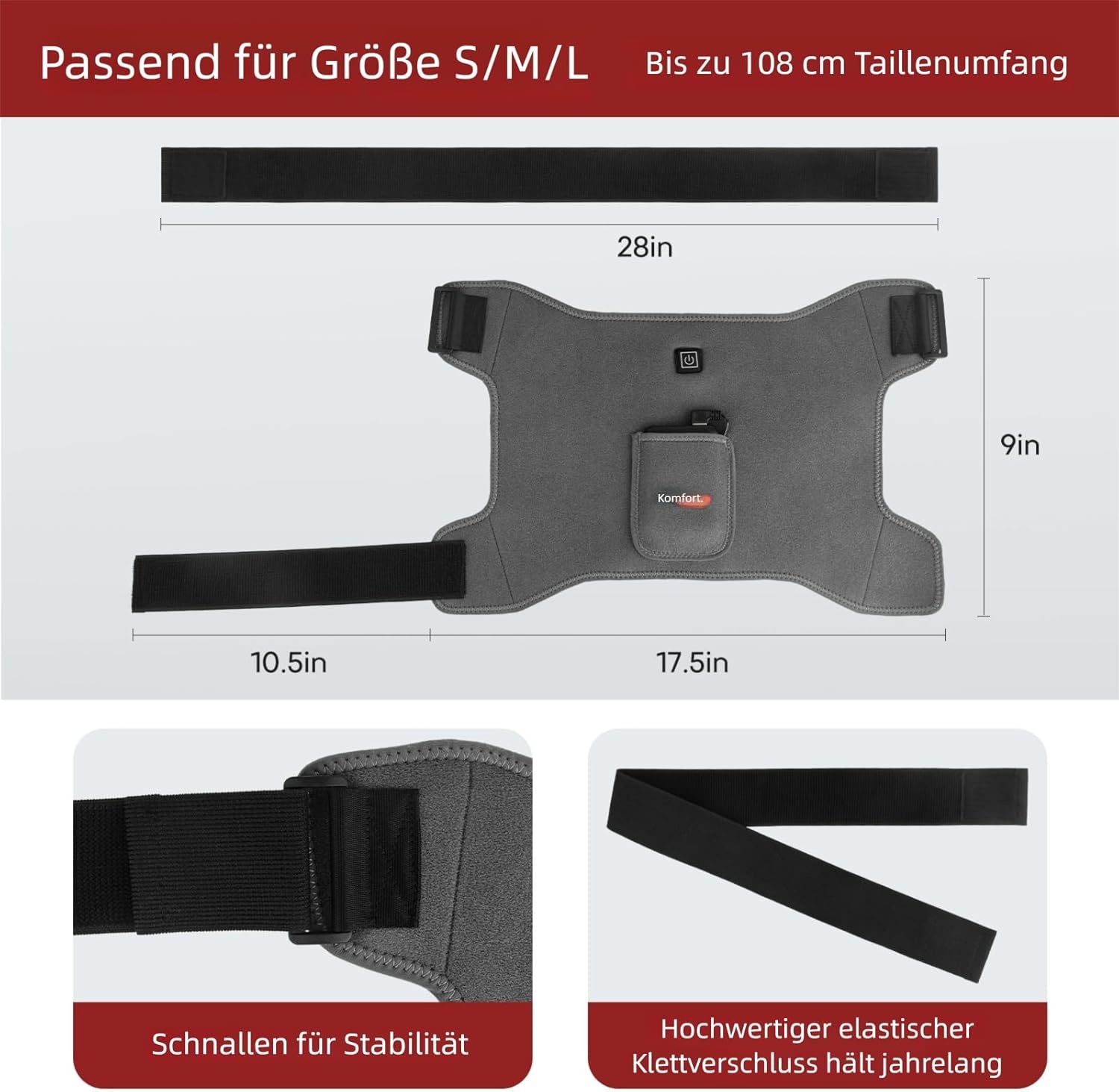 Beheizbare Hüftbandage zur Schmerzlinderung | USB-betrieben | Tragbar | Warme Therapie für Hüftbeschwerden