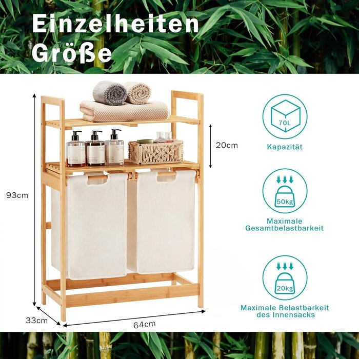 Bambus Wäschekorb Elfenbein m. 2 Regalen & Wäschesäcken - Bis zu 35% günstiger!