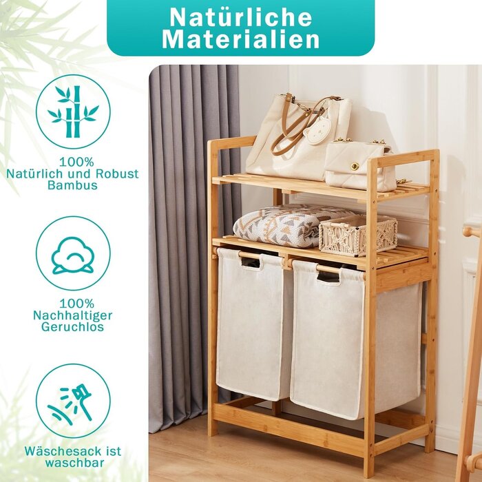 Bambus Wäschekorb Elfenbein m. 2 Regalen & Wäschesäcken - Bis zu 35% günstiger!