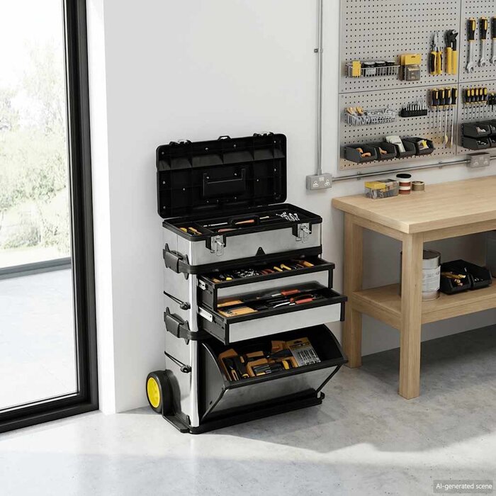 Outlet Deal: Mobiler 3-teiliger Werkzeugwagen aus PP/Edelstahl - bis zu 35% Rabatt!