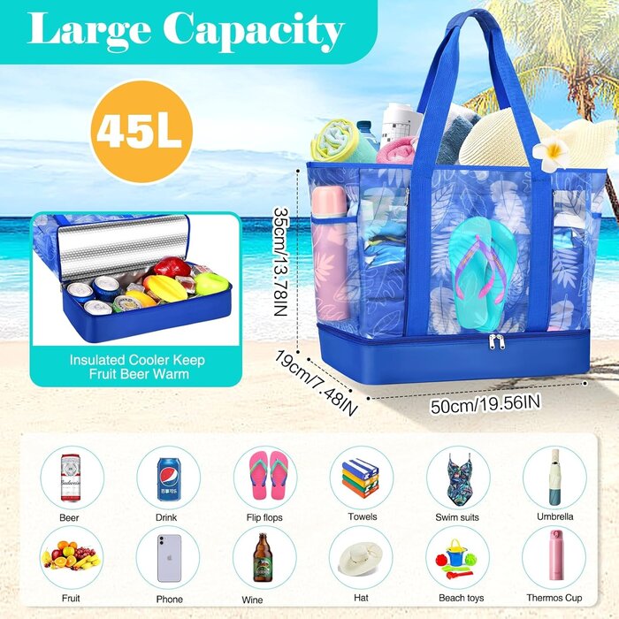 Große 45L Strandtasche mit Netz & Kühlfach - Jetzt bis zu 35% günstiger!