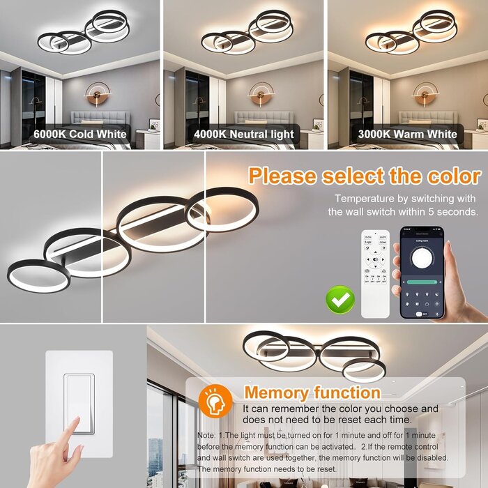 Moderne LED-Deckenleuchte, dimmbar, App-Steuerung, Schwarz - bis zu 35 % Rabatt