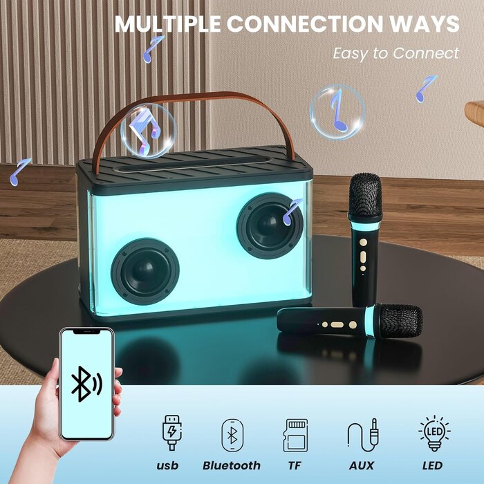 Tragbares Karaoke-System mit 2 Mikrofonen & LED - bis zu 35% Rabatt