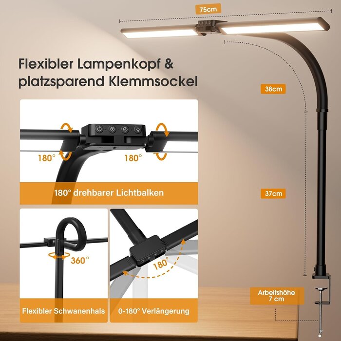 LED-Schreibtischlampe, Doppelkopf, dimmbar, schwarz - bis zu 61,9 % Rabatt!