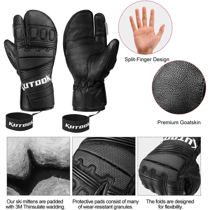 Kutook Premium Ski-Fäustlinge aus Ziegenleder - Schwarz - XL - bis zu 76% Rabatt