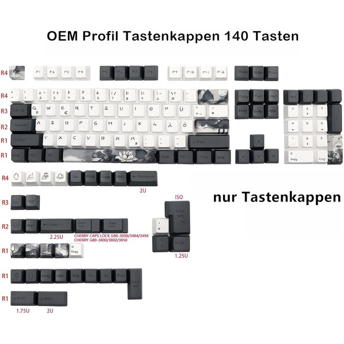 Mechanische Tastatur Keycaps - Ink Lotus Design QWERTZ - bis zu 56,8% Rabatt