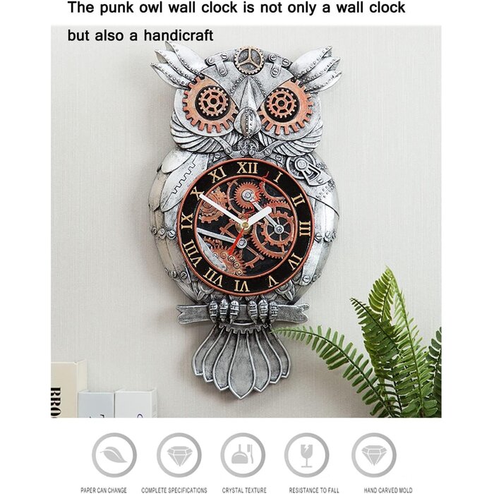 Steampunk Eulen-Wanduhr, handbemalt, Metall-Optik, bis zu 55,7% Rabatt