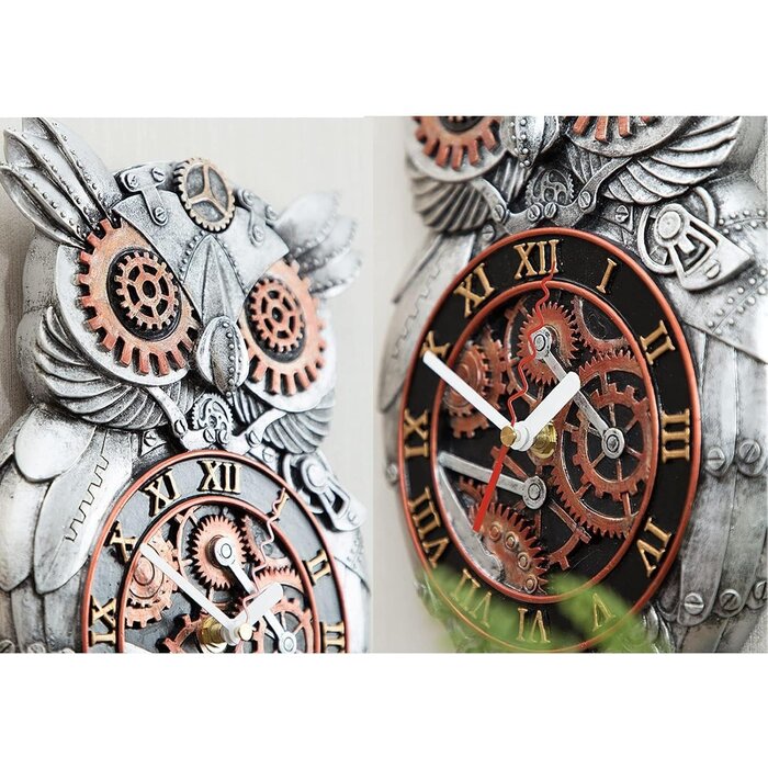 Steampunk Eulen-Wanduhr, handbemalt, Metall-Optik, bis zu 55,7% Rabatt
