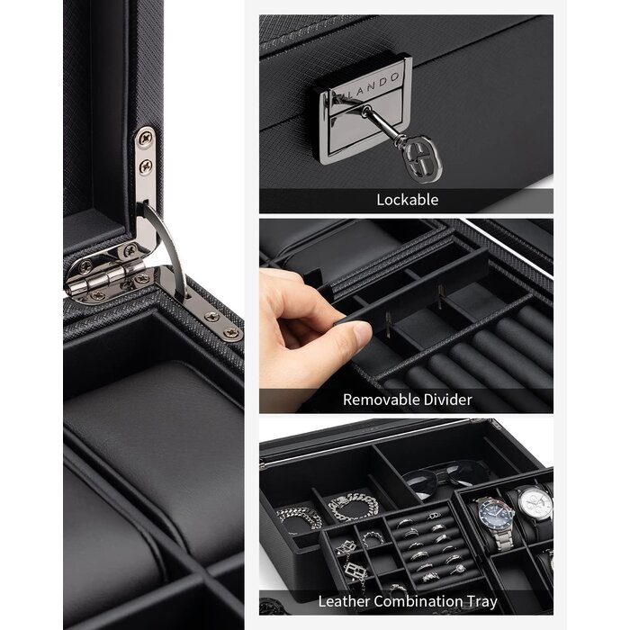 Luxus Uhrenbox mit Schmuckfach | Schwarz | bis zu 44,3% Rabatt