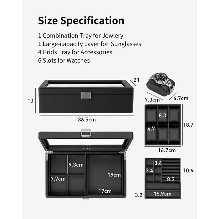 Luxus Uhrenbox mit Schmuckfach | Schwarz | bis zu 44,3% Rabatt