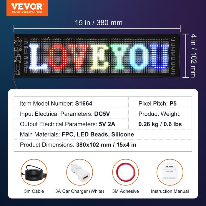 Programmierbares LED-Display 38x10 cm, Bluetooth-App, bis zu 51,2% Rabatt