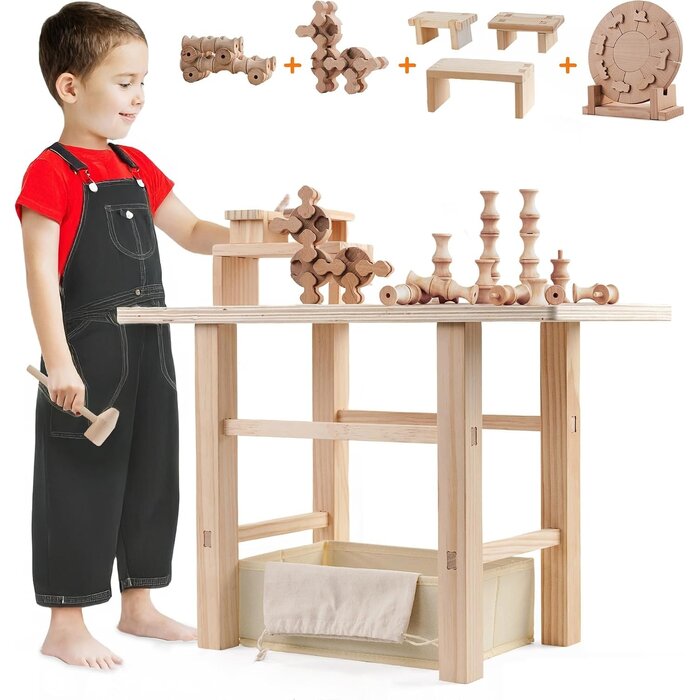 Holz-Werkbank für Kinder, 83-teilig, Montessori-Spielzeug - bis zu 67% Rabatt