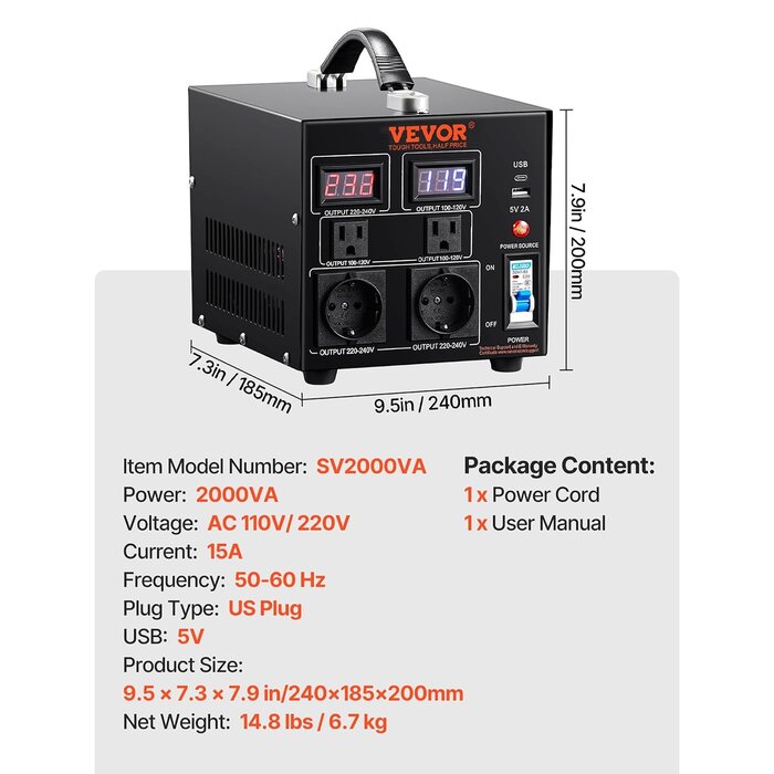 Vevor Bidirektionaler 2000W Spannungswandler 110V/220V - Jetzt bis zu 71% sparen!