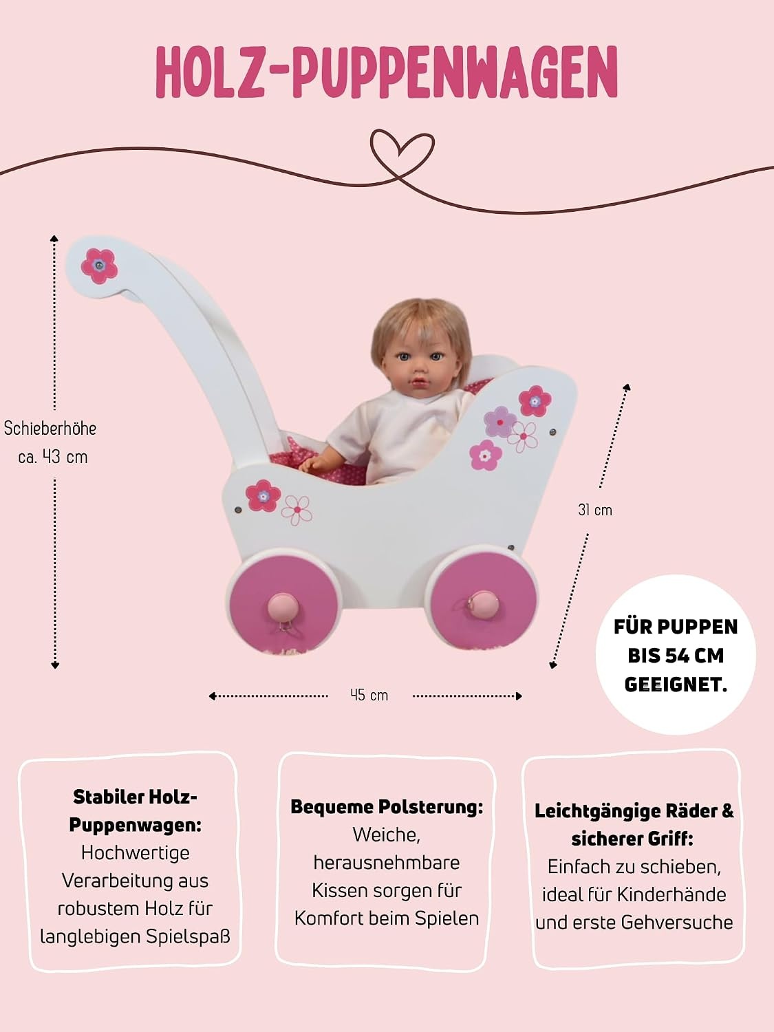 Holz-Puppenwagen Fiori Design - Lauflernhilfe - bis zu 45% sparen