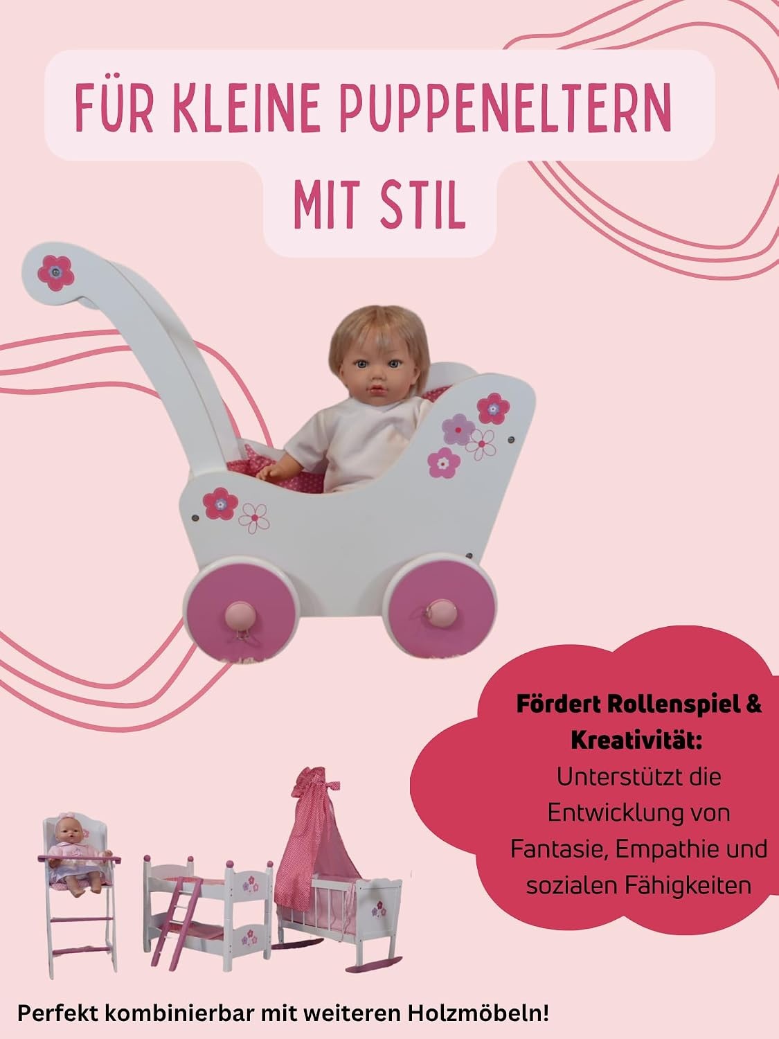 Holz-Puppenwagen Fiori Design - Lauflernhilfe - bis zu 45% sparen