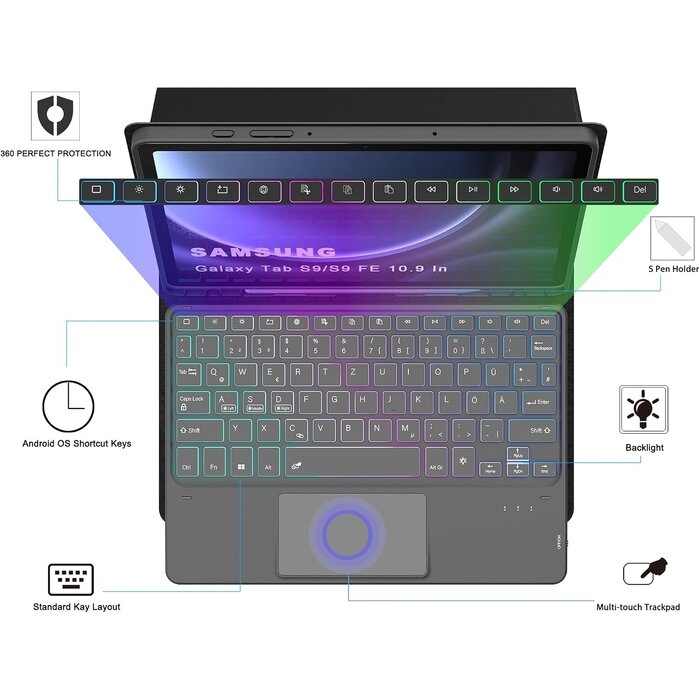 Roofei Tastaturhülle für 11 Zoll Tablet, QWERTZ, beleuchtet - bis zu 68% Rabatt