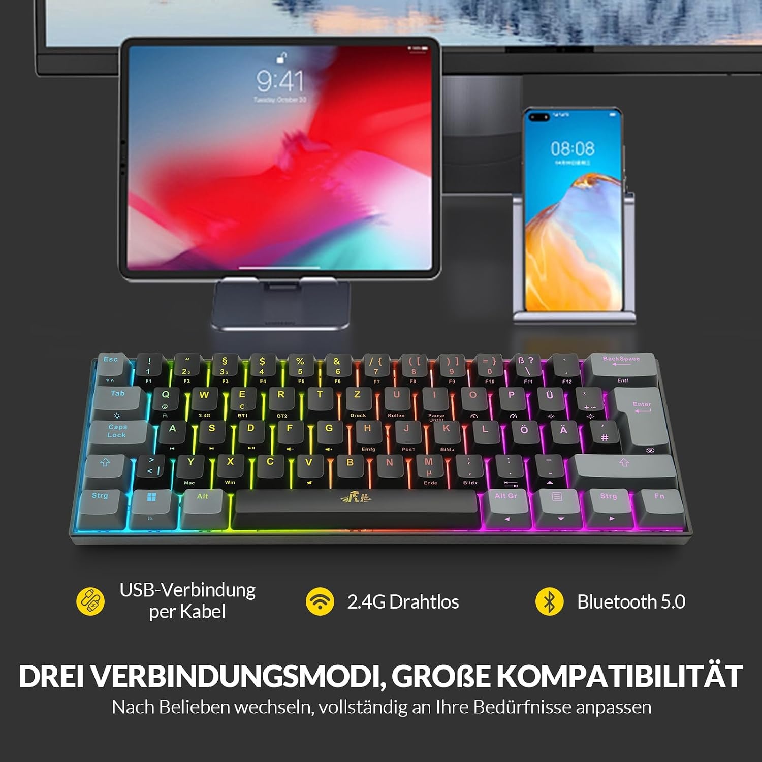Mechanische 60% Gaming-Tastatur QWERTZ - Tri-Mode & RGB - bis zu 57,3 % sparen