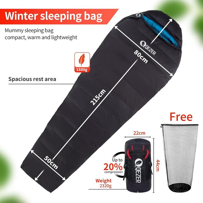 Daunen-Mumienschlafsack 4-Jahreszeiten, 215cm, Schwarz - bis zu 46,4% Rabatt