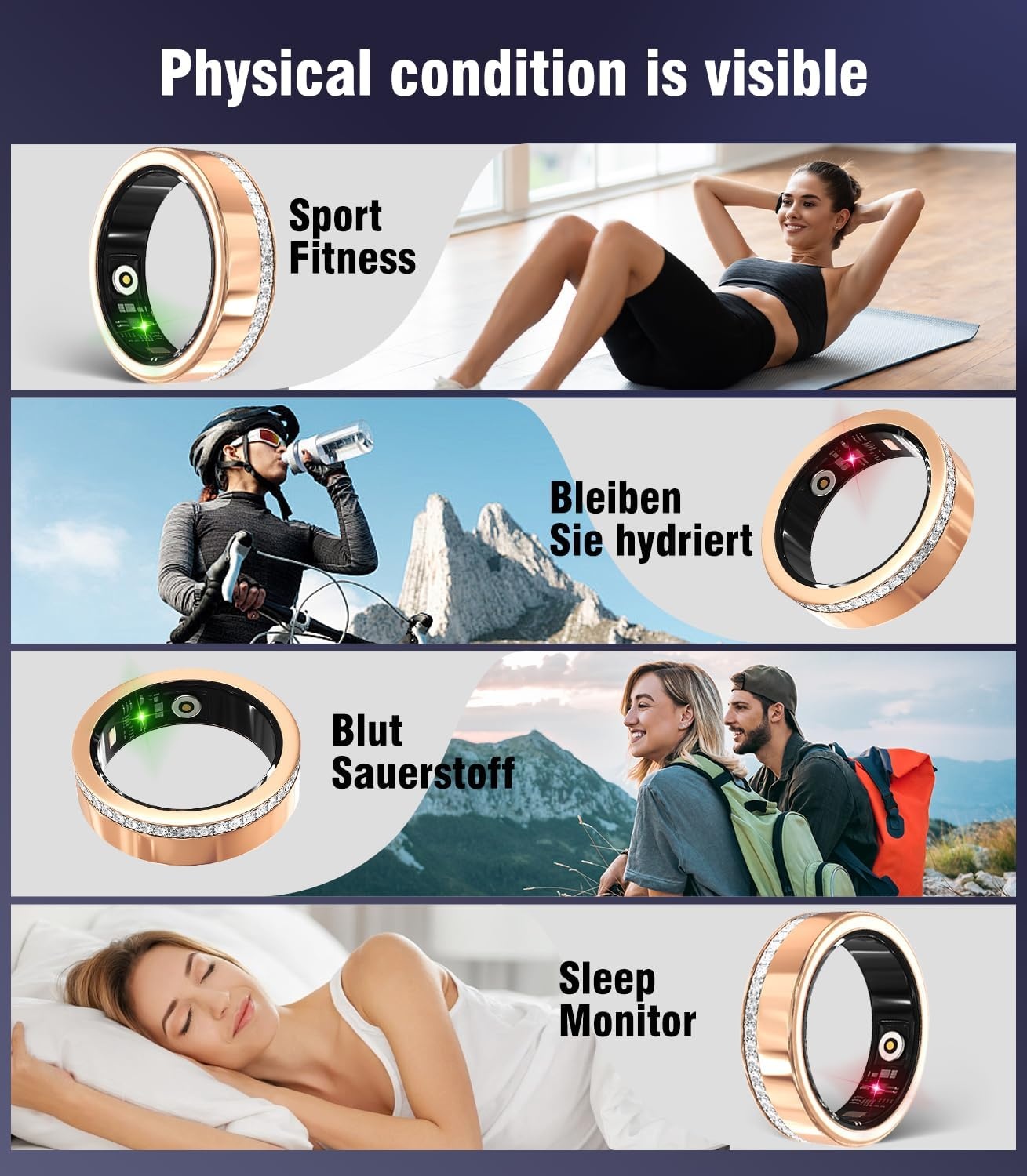 Iuhfsifs Smart Ring Fitness-Tracker Gold Gr. 7 - Bis zu 64% Rabatt auf Rückläufer