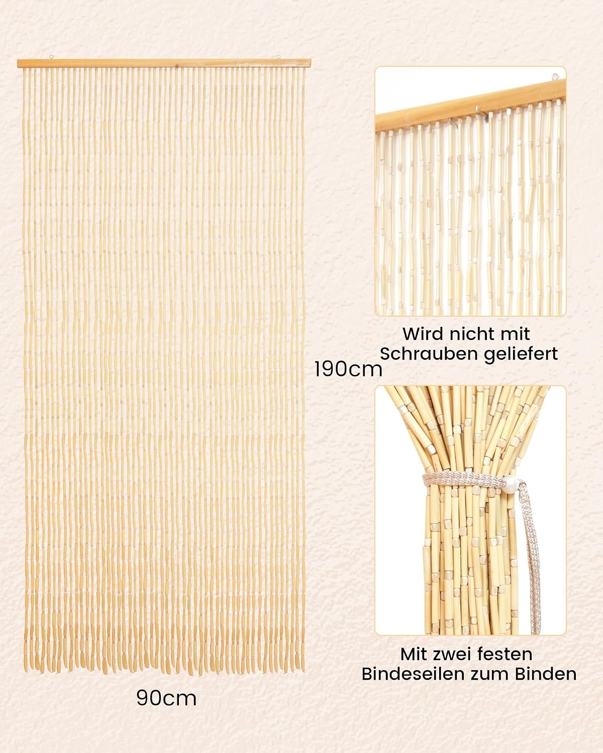 Bambus-Türvorhang 90x190cm, 52 Stränge - Beige, Retro-Look - bis zu 32,8% Rabatt