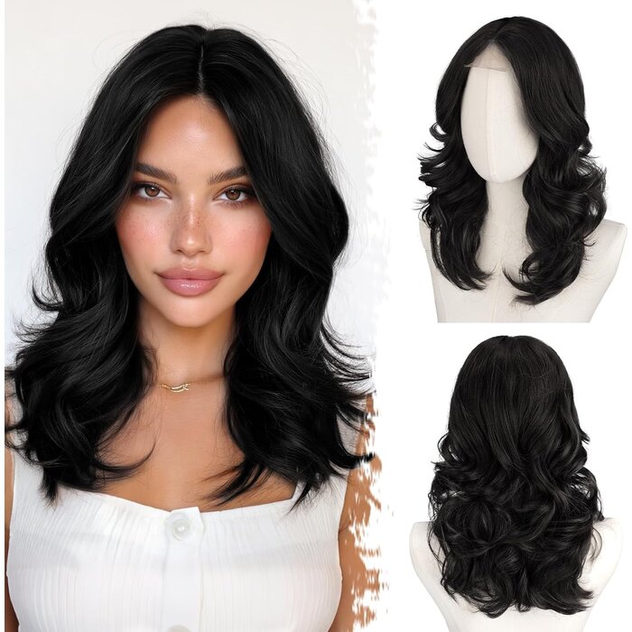 Barsdar Schwarze Wellen-Perücke 40 cm mit Curtain Bangs - bis zu 58% sparen
