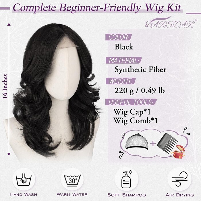 Barsdar Schwarze Wellen-Perücke 40 cm mit Curtain Bangs - bis zu 58% sparen
