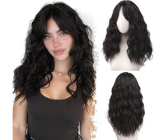 Barsdar Dunkelbraune Locken-Perücke, 50 cm mit Curtain Bangs - bis zu 32,4 % Rabatt