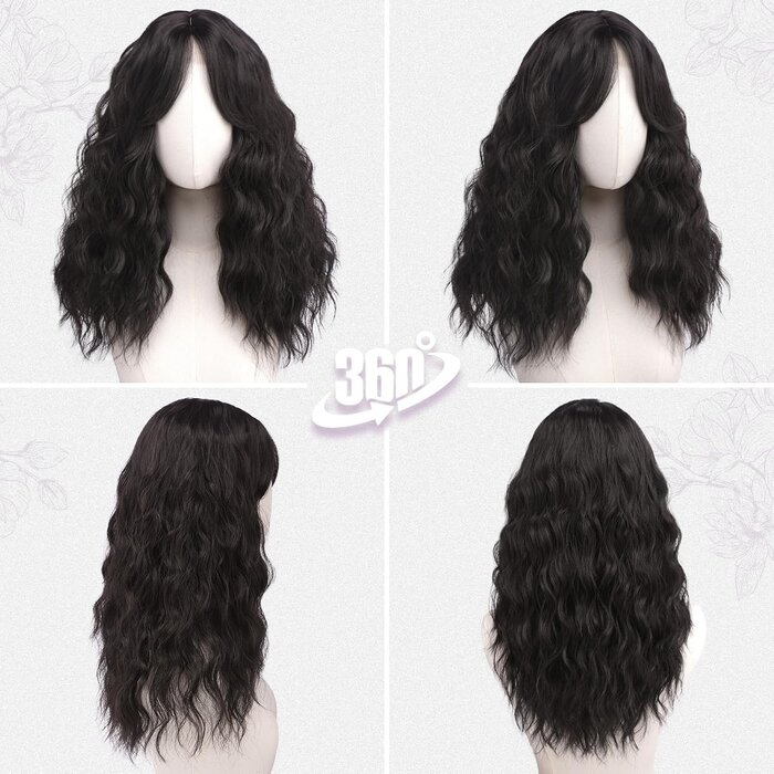 Dunkelbraune Locken-Perücke, 50 cm mit Curtain Bangs - bis zu 32,4 % Rabatt