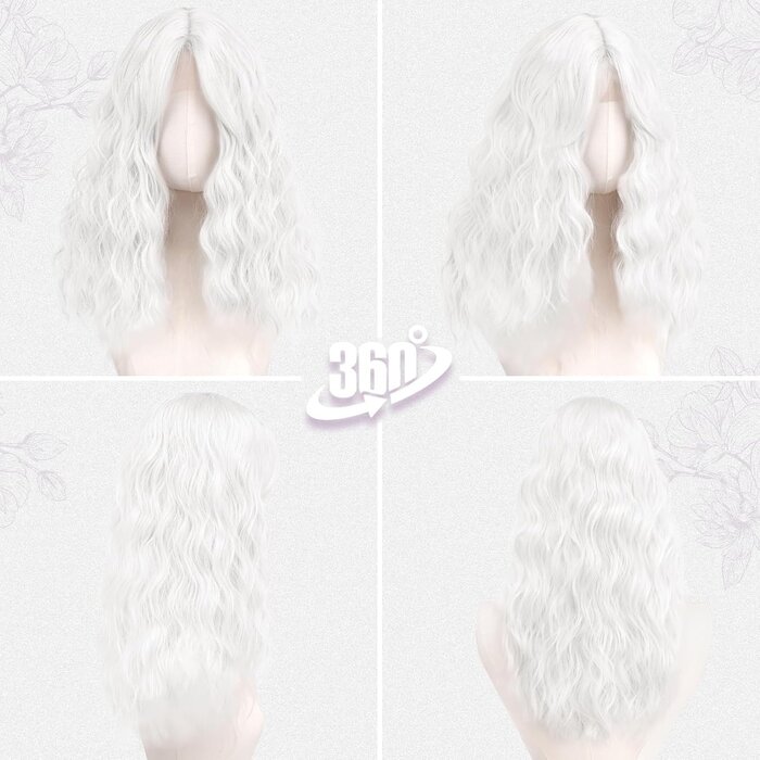 Weiße, gewellte Damen-Perücke, 50 cm, mit Curtain Bangs - bis zu 32,4 % Rabatt