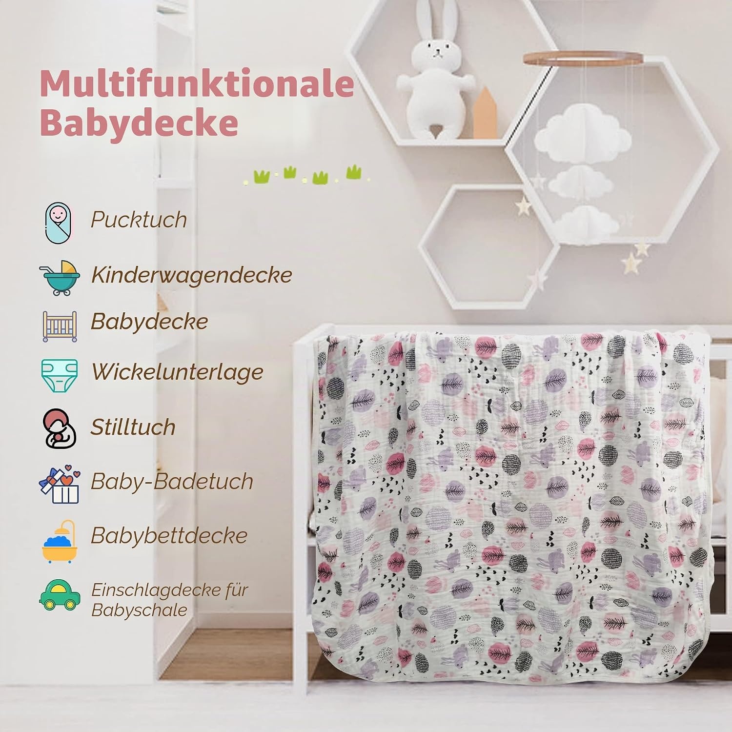 Musselin Babydecke 110x150cm mit Hasenmotiv - Jetzt bis zu 25,8% sparen