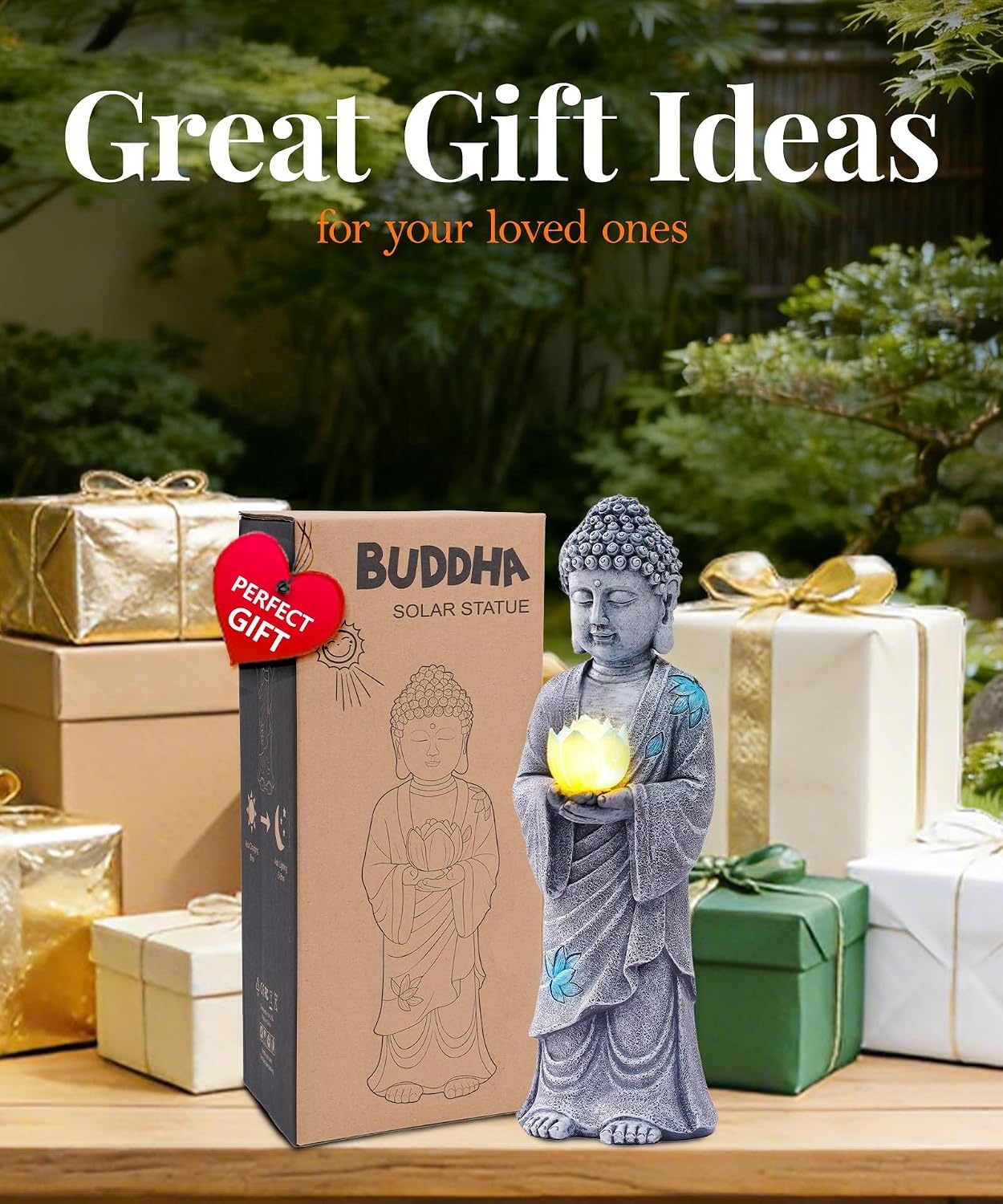 Buddha-Statue mit Solar-LED-Lotosblüte, 37 cm, Grau - bis zu 28% Rabatt