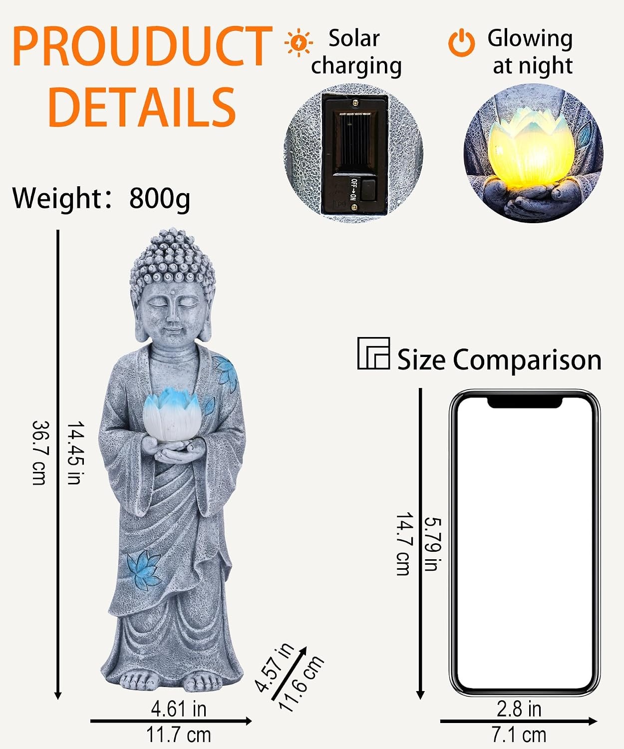 Buddha-Statue mit Solar-LED-Lotosblüte, 37 cm, Grau - bis zu 28% Rabatt