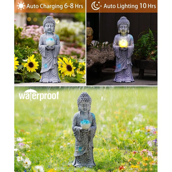 Buddha-Statue mit Solar-LED-Lotosblüte, 37 cm, Grau - bis zu 28% Rabatt