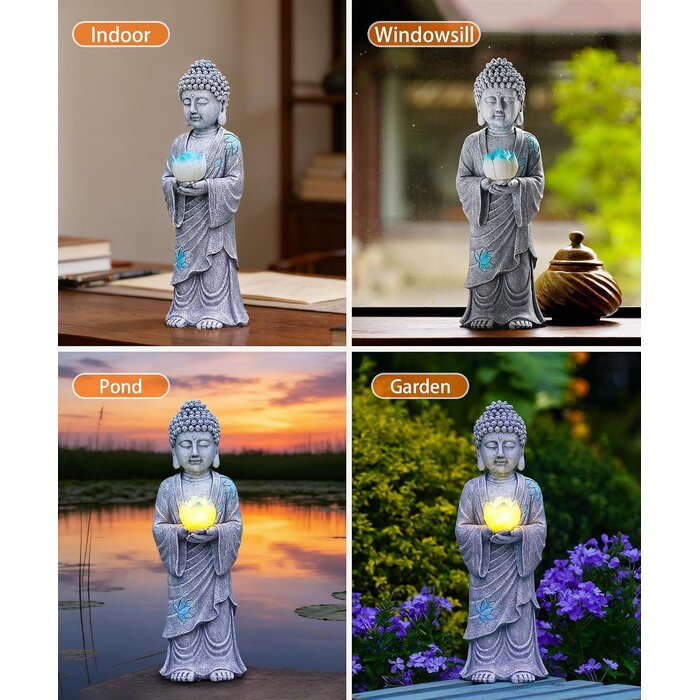Buddha-Statue mit Solar-LED-Lotosblüte, 37 cm, Grau - bis zu 28% Rabatt