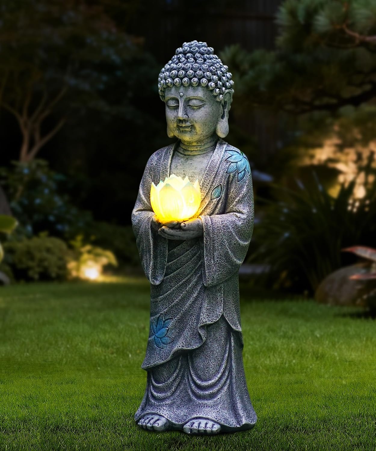 Buddha-Statue mit Solar-LED-Lotosblüte, 37 cm, Grau - bis zu 28% Rabatt