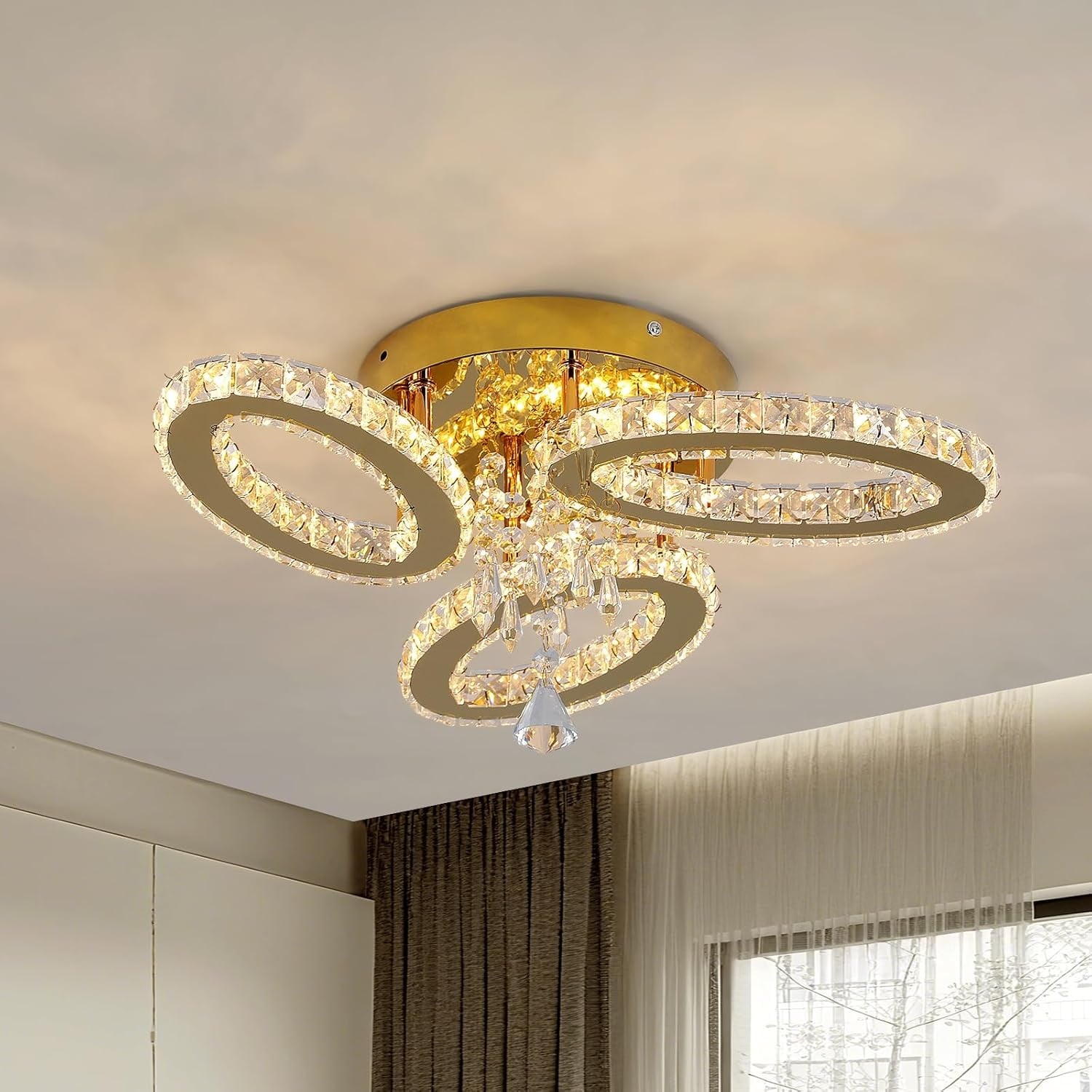 Luxus LED-Deckenleuchte, 3 Ovale, Gold-Kristall, tricolor, bis zu 30% Rabatt