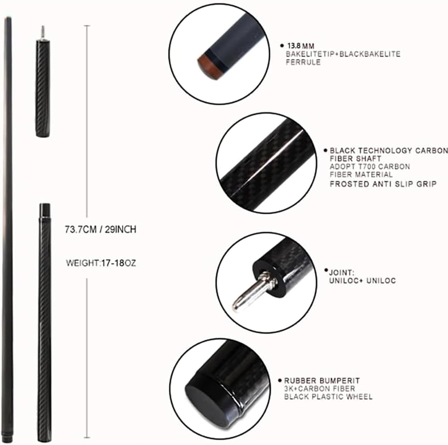 Profi Carbonfaser Billardqueue 124 cm - 3-teilig - Schwarz - bis zu 35% Rabatt
