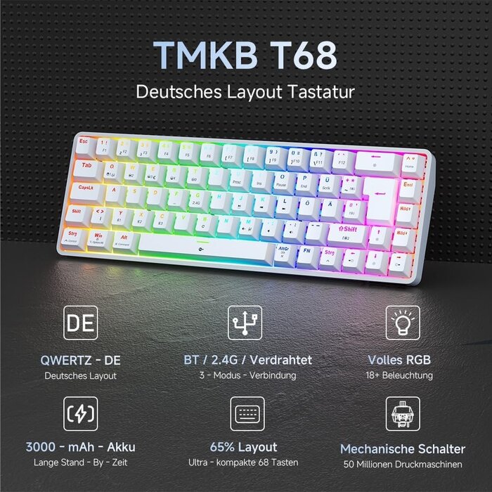 Mechanische 60% Gaming-Tastatur, RGB, QWERTZ, Wireless - bis zu 28% Rabatt
