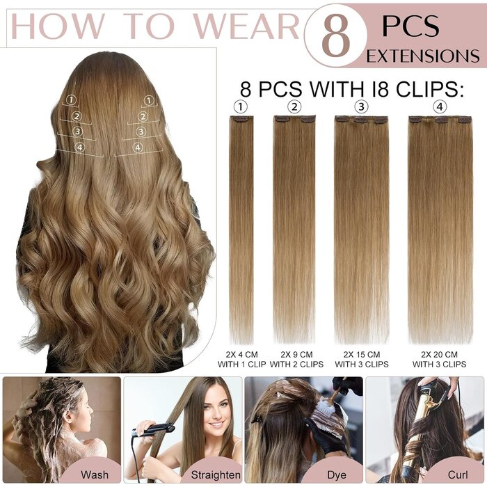 Echthaar Clip-in Extensions Hellbraun 30cm - Sparen Sie bis zu 33%
