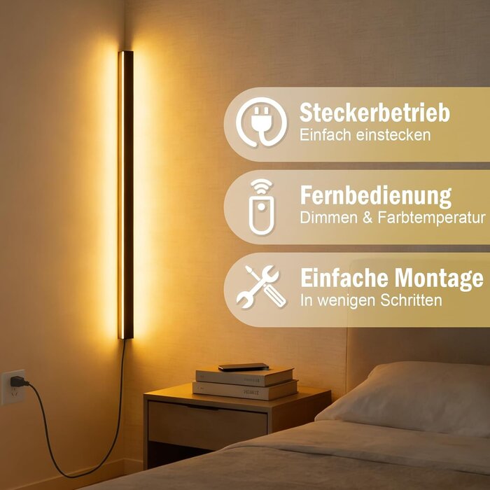 Moderne LED-Eckleuchte 120cm Schwarz, dimmbar mit Fernbedienung - bis zu 29% Rabatt