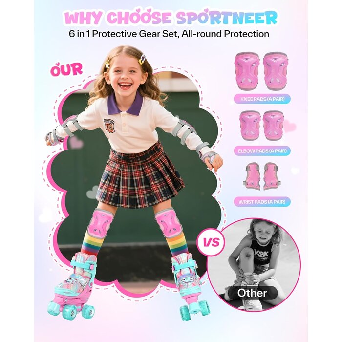 Sportneer Kinderskeelers mit leuchtenden Rollen & Set - Pink (XS 23-26) - bis zu 33% Rabatt