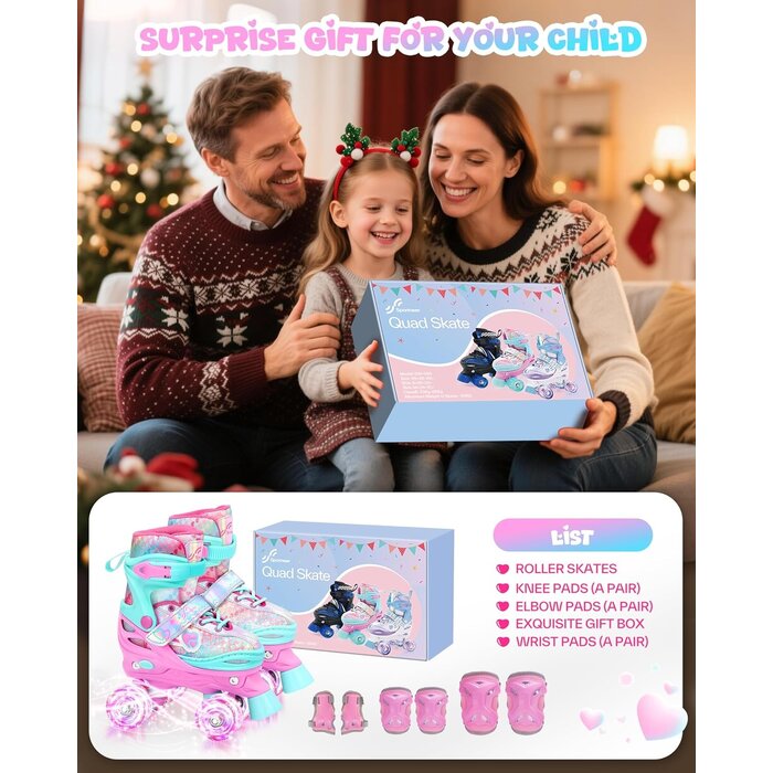 Sportneer Kinderskeelers mit leuchtenden Rollen & Set - Pink (XS 23-26) - bis zu 33% Rabatt