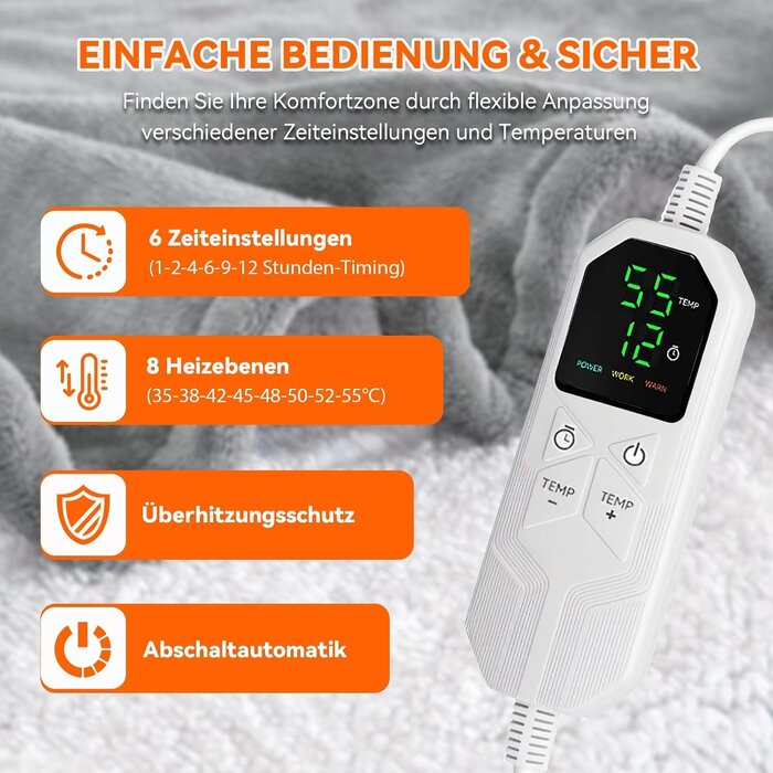 Elektrische Heizdecke 180x150cm, Flanell, 8 Stufen - bis zu 31% sparen
